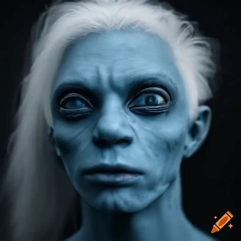 Realistic Photo Of A Blue Skinned Humanoid Alien Man With Wavy White