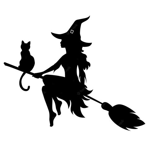 Premium Vector Halloween Beautiful Sexy Witch And Cat On Broom Fly Silhouettes