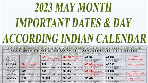 2023 May Month Important Dates And Days According Indian Calendar