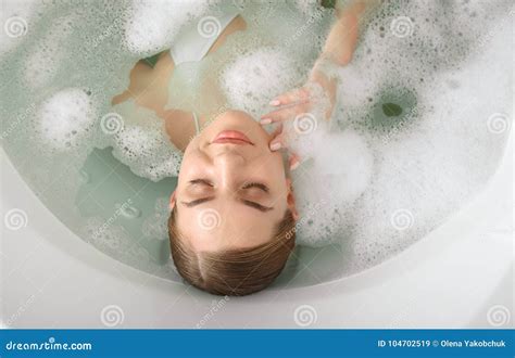 Serene Young Woman Taking A Bathtub Stock Image Image Of Pleasure