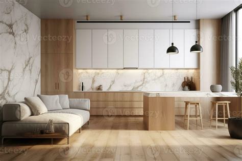 Modern White Minimalist Interior Design With Kitchen Sofa Wooden Floor