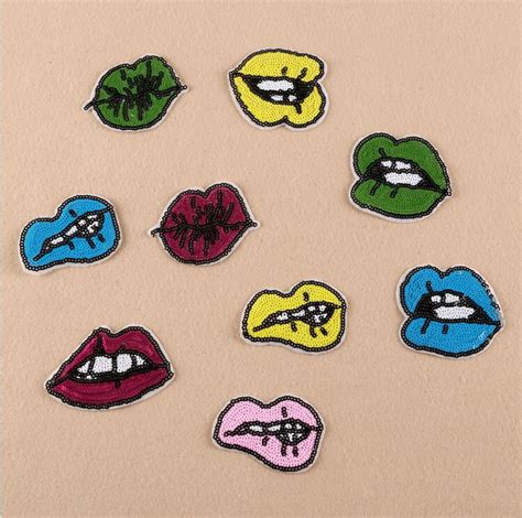 New Arrival 10 Pcs Lip Mouth Sequin Embroidered Iron On Cartoon Patches