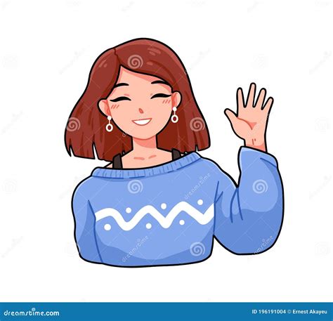 portrait of joyful female anime character smiling and waving hand vector illustration in
