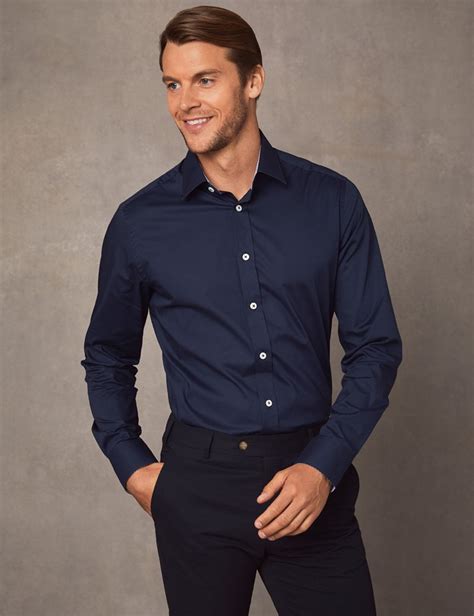 men s dress navy extra slim fit stretch shirt with contrast detail single cuff hawes and curtis