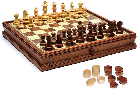 French Staunton Wood Chess And Checkers Set 15 Inch Board With Storage