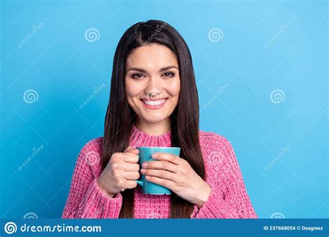 Photo Of Adorable Sweet Mature Woman Wear Pink Pullover Enjoying Coffee Holding Cup Isolated