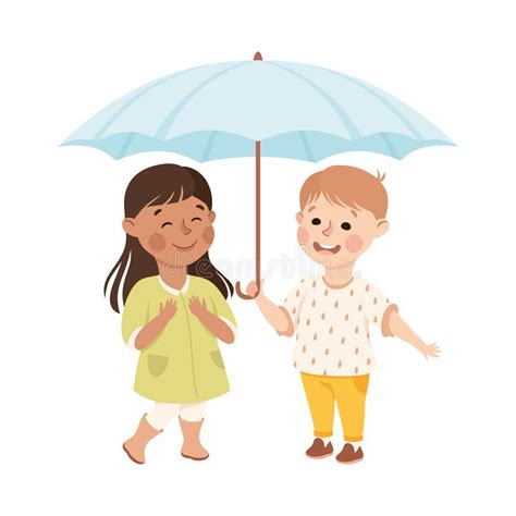 Kind And Fair Little Boy Holding Umbrella Protecting Girl Doing Justice