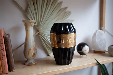 Moser Black Glass Oroplastic Art Vase Heavy Gold Detailed Designer Glass With Roman Soldiers