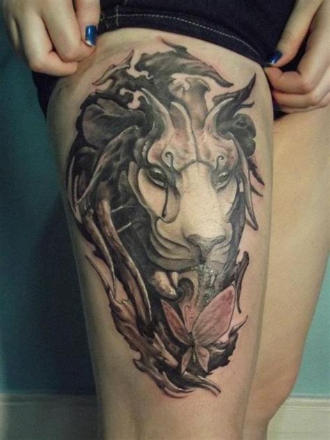 Grey Ink Lion Head Leg Tattoo