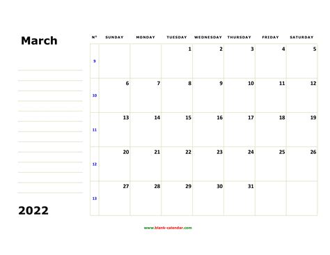 Free Download Printable March 2022 Calendar Large Box Holidays Listed