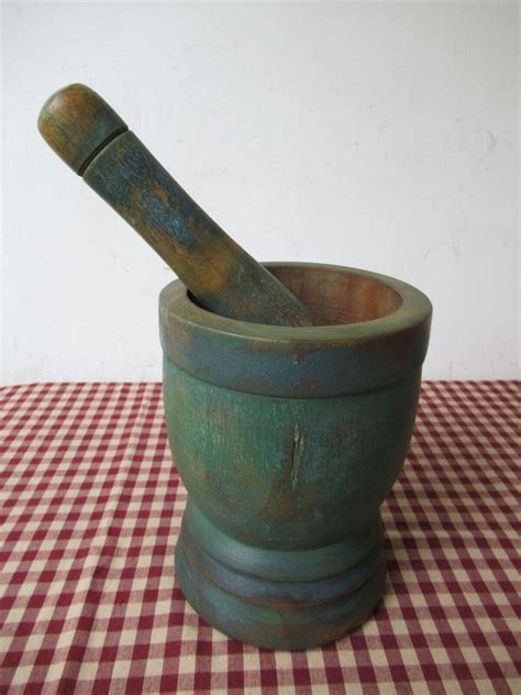 Antique Mortar And Pestle Wood Bluegreen Paint Apothecary Drugs