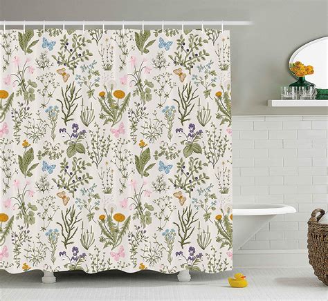 Floral Shower Curtain Vintage Garden Plants With Herbs Flowers Botanical Classic Design Fabric