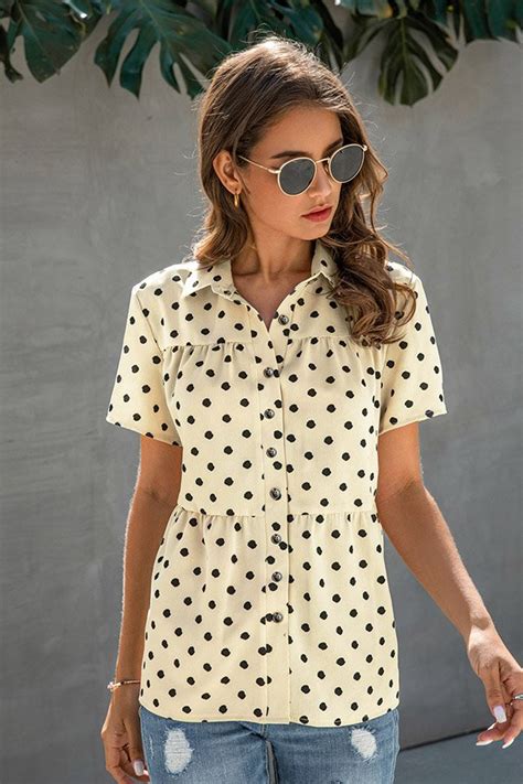 Polka Dotted Blouses With Short Sleeve And Button Down