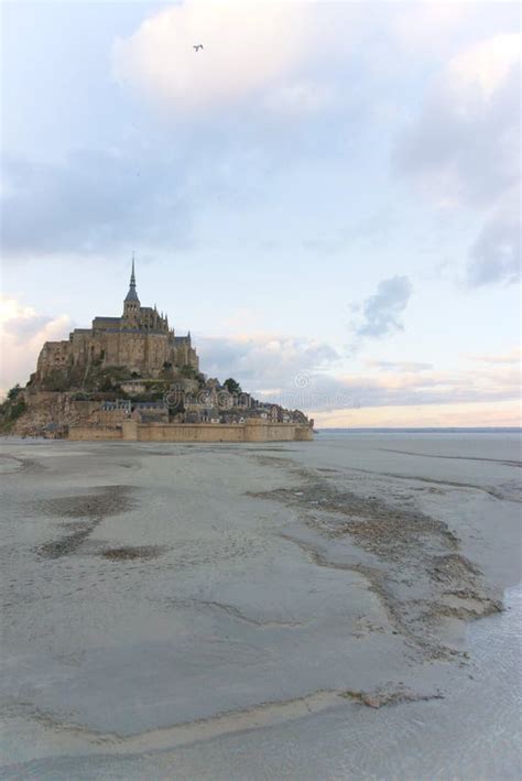 Monastery Mont Saint Michel At Low Tide Sunset Blue Twilight Abbey Sand