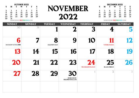 Printable November Calendar 2022 With Holidays Gambaran