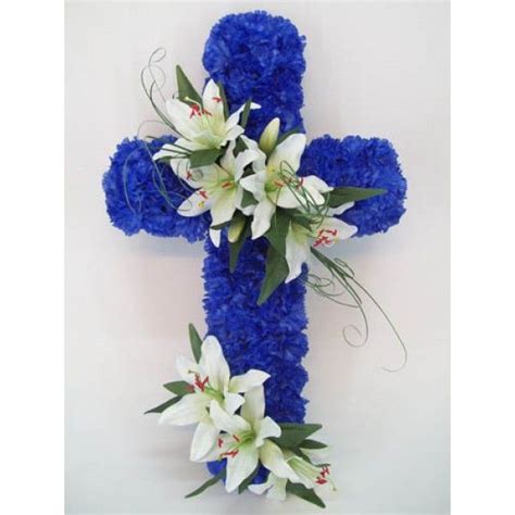 Silk Funeral Flowers Royal Blue Carnation And Lily Cross Af015