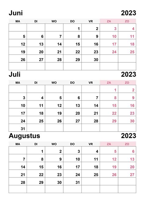 Kalender Juni Juli Augustus 2023