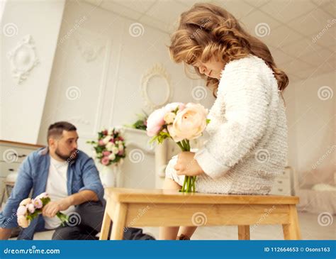Dad Gives His Daughter Flowers Stock Image Image Of Looking Little
