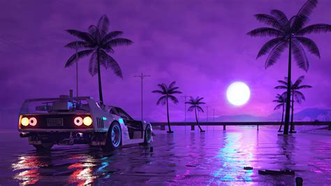2048x1152 Retro Wave Sunset And Running Car 2048x1152