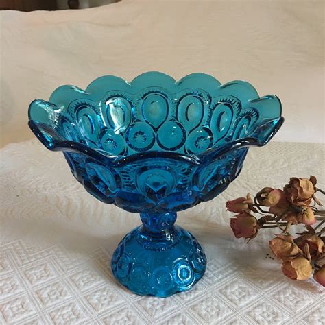 Vintage Blue Glass Bowl Pedestal Footed Bowl With Scalloped Etsy