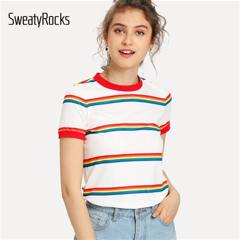 Sweatyrocks Rainbow Stripe Print T Shirt White Short Sleeve Round Neck Tee Wome T Shirts