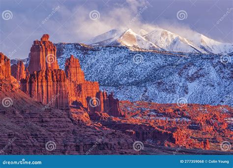Fisher Towers And La Sals Blowing Snow Stock Photo Image Of Moenkopi