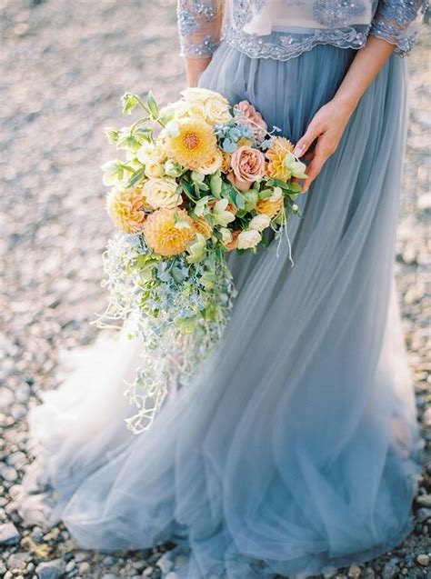 September Wedding Dusty Blue Bridesmaid Dresses And Yellow Centerpieces