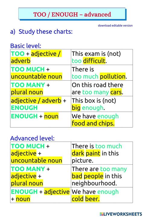 Too Enough Too Much Too Many Noun Or Adjective Worksheet Live