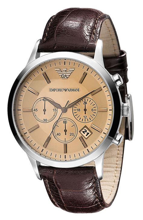 Emporio Armani Leather Chronograph Watch In Brown For Men