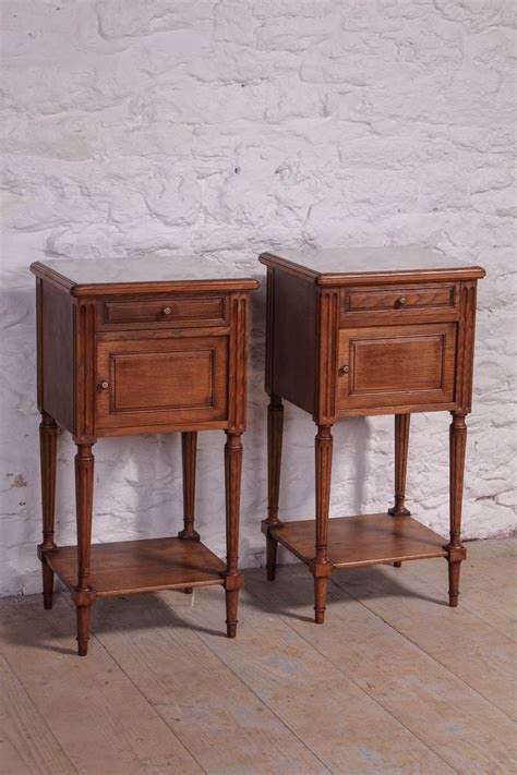 Attractive Pair Of French Oak Bedside Tables With Whitegrey Marble