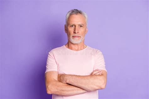 Photo Of Cool Grandpa Serious Expression Crossed Arms Look Camera Wear
