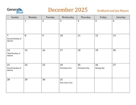 Svalbard And Jan Mayen December 2025 Calendar With Holidays