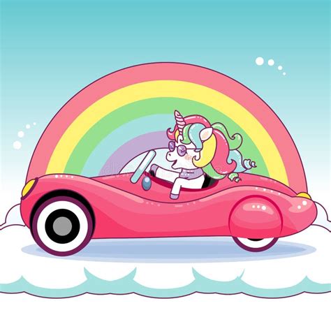 Unicórnio Fofo Dirigindo Um Carro Brilhante Rosa Ilustração Do Vetor