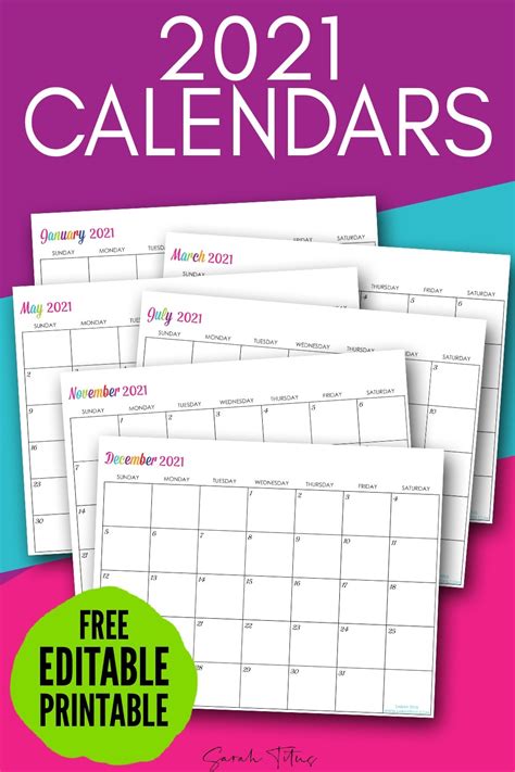 Monthly calendars and planners for every day, week, month and year with fields for entries and notes Editable Calendar Template 2021 | Calendar Template Printable