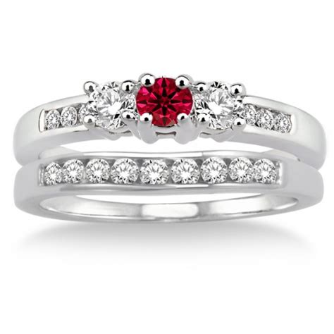2 carat ruby and diamond elegant three stone trilogy round cut bridal set on 10k white gold
