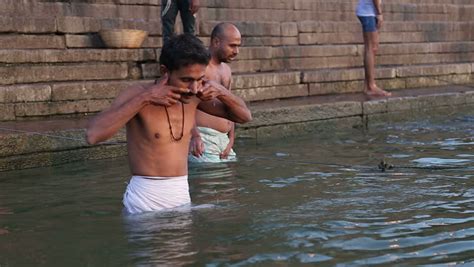 Varanasi India 22 February 2015 Men Bathing On The Ghats Of Ganges