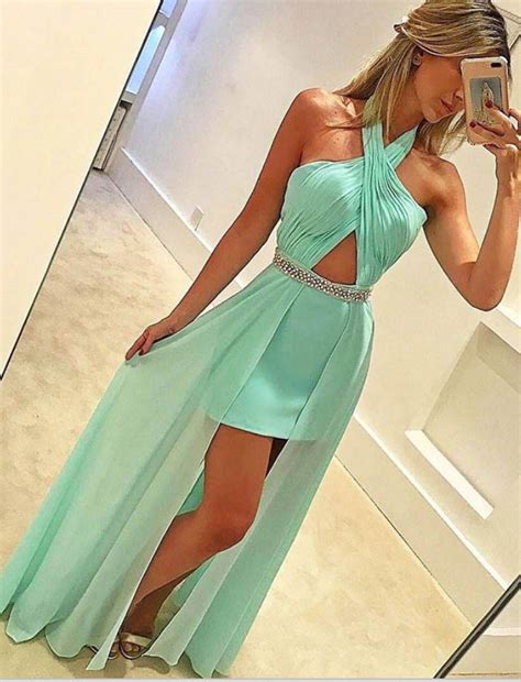 High Low Halter Mint Green Beaded Homecoming Dresses Prom Dress 100911