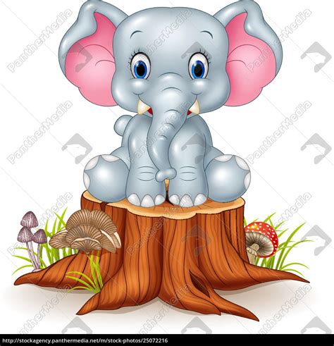 Cartoon Cute Baby Elephant On Tree Stump Royalty Free