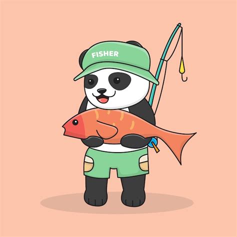 Premium Vector Cute Panda Fishing With Fishing Rod And Hat