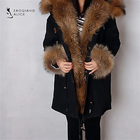 Women Rabbit Fur Parka Winter Really Raccoon Dog Furs Coat With