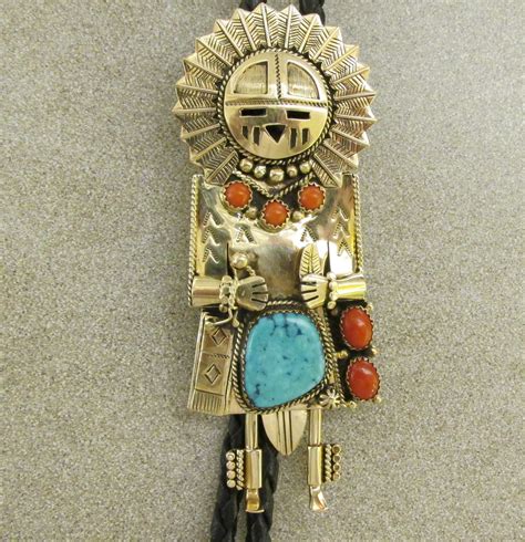 TUCSON INDIAN JEWELRY Navajo Gold And Turquoise Kachina Bolo Tie