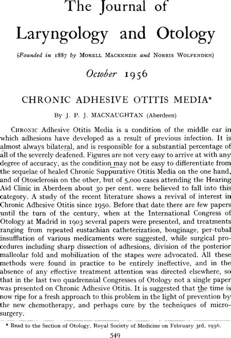 Chronic Adhesive Otitis Media The Journal Of Laryngology And Otology