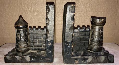 Castle Bookends Carved Wooden And Iron Studded Medieval Style