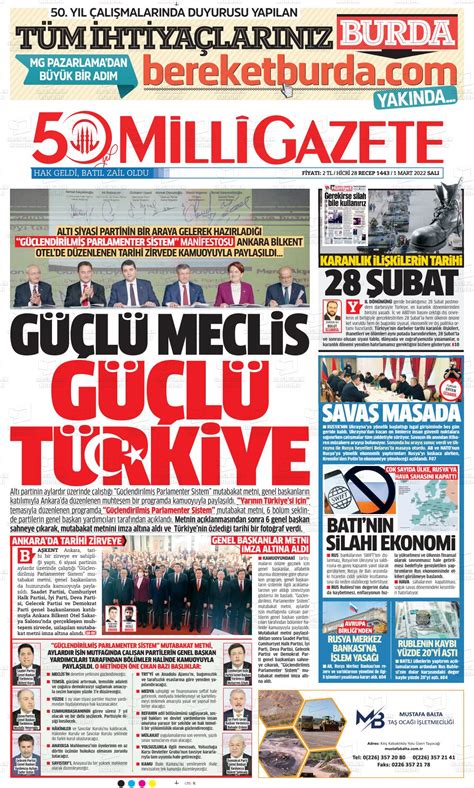 01 Mart 2022 tarihli Milli Gazete Manşetleri