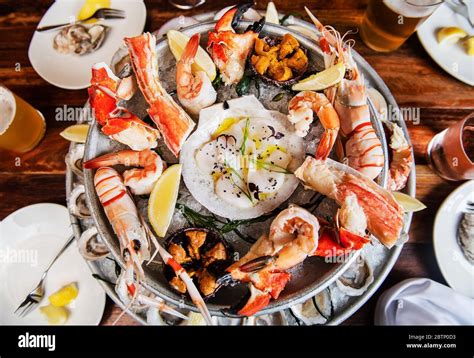 Seafood Platter With Oysters Clams Langoustines Lobster Shrimp And