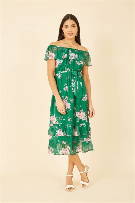Yumi Green Floral Bardot Midi Dress With Frill Hem Yumi