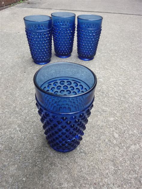 Cobalt Blue Hobnail Glassware Set Of Four Water Drinking
