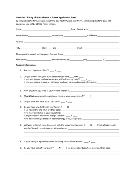Foster Parent Application Form Neveah S Charity Of West Lincoln