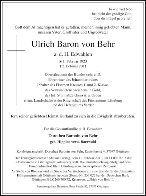 Traueranzeigen Von Ulrich Baron Von Behr Trauer Anzeigende