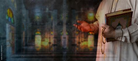 Muslim Man Praying Indoors Religious Arab Muslim Man Holding Holy